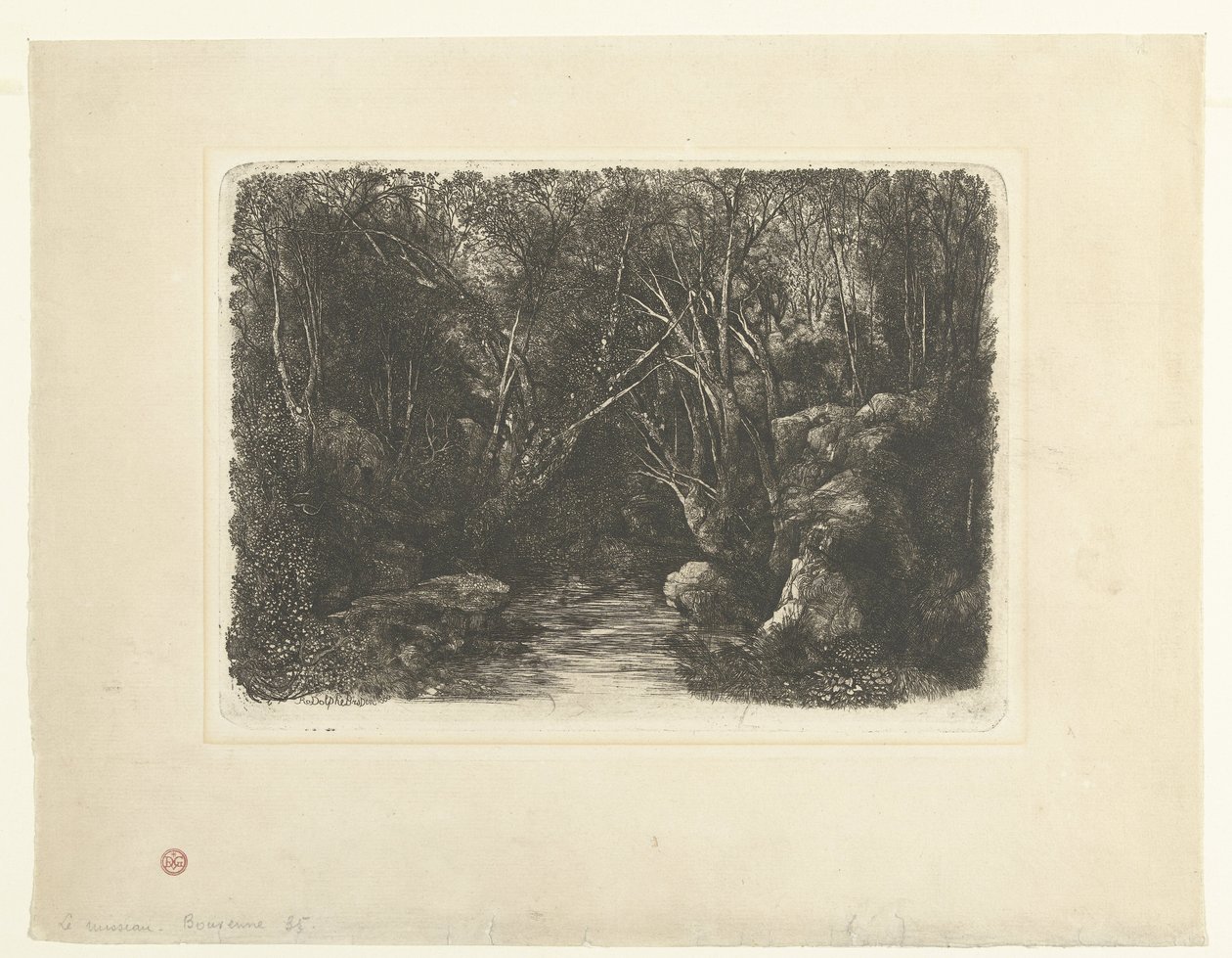 Skovlandskab med vandløb og overhængende træer Le Ruisseau sous bois af Rodolphe Bresdin