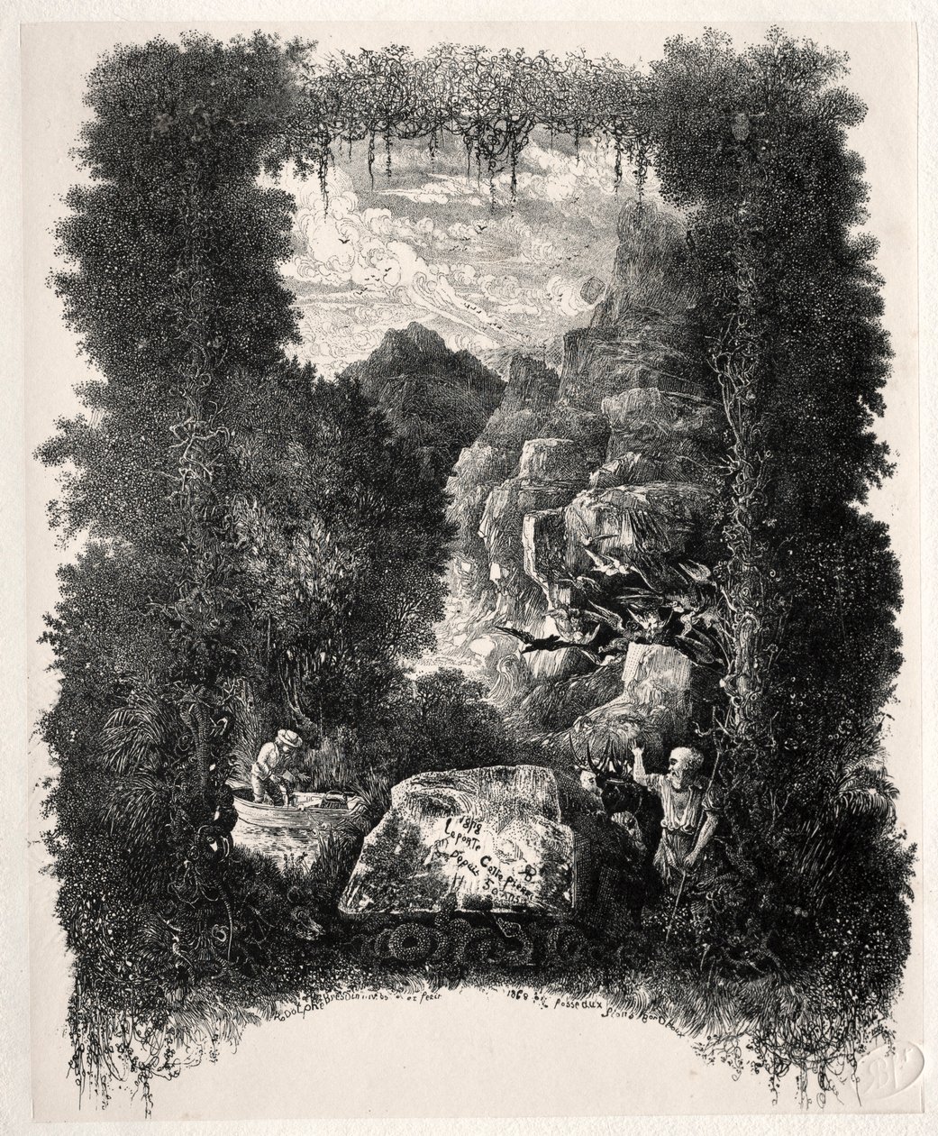 Første frontispice til fabler og eventyr af Thierry-Faletans, 1868. af Rodolphe Bresdin