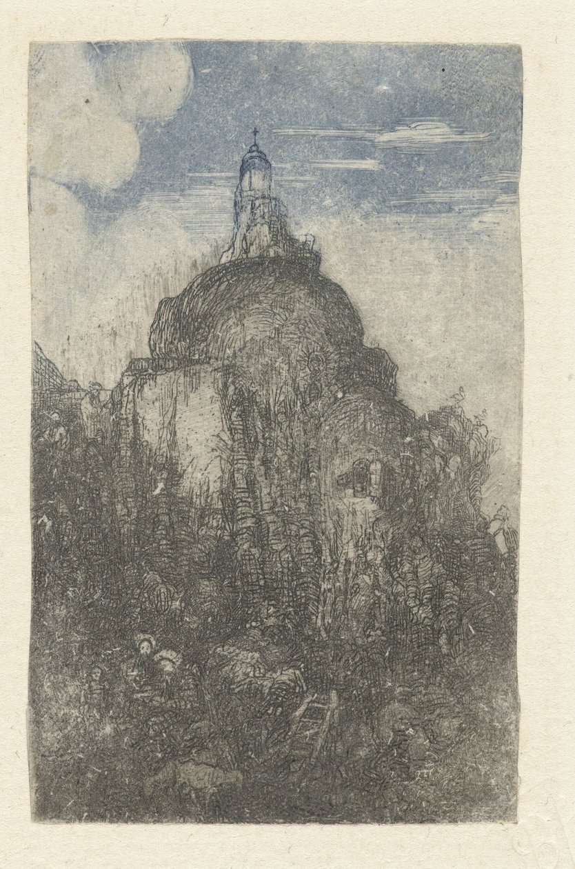 Bygger på en klippe og hviler hyrder med får ved foden af ​​klippen Le Phare Kapelle alpestre af Rodolphe Bresdin
