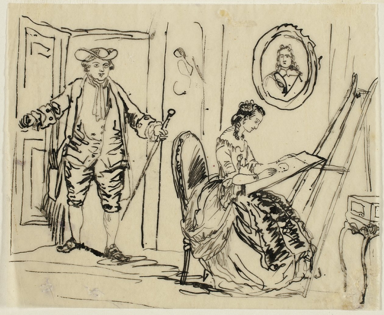 Interiør med mand og kvinde i 1700-talsdragter af Rodolphe Bresdin