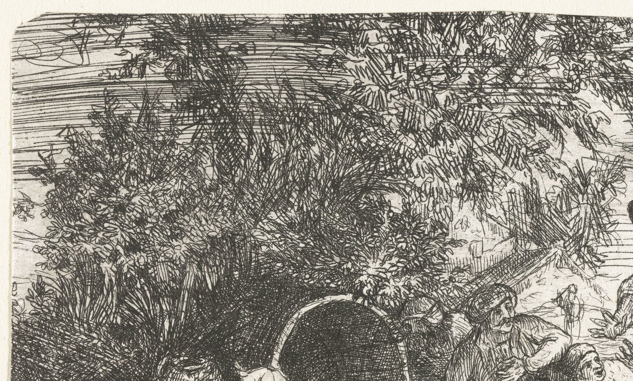 Mænd og hund med dreng ved en tønde Orientalsk scene af Rodolphe Bresdin