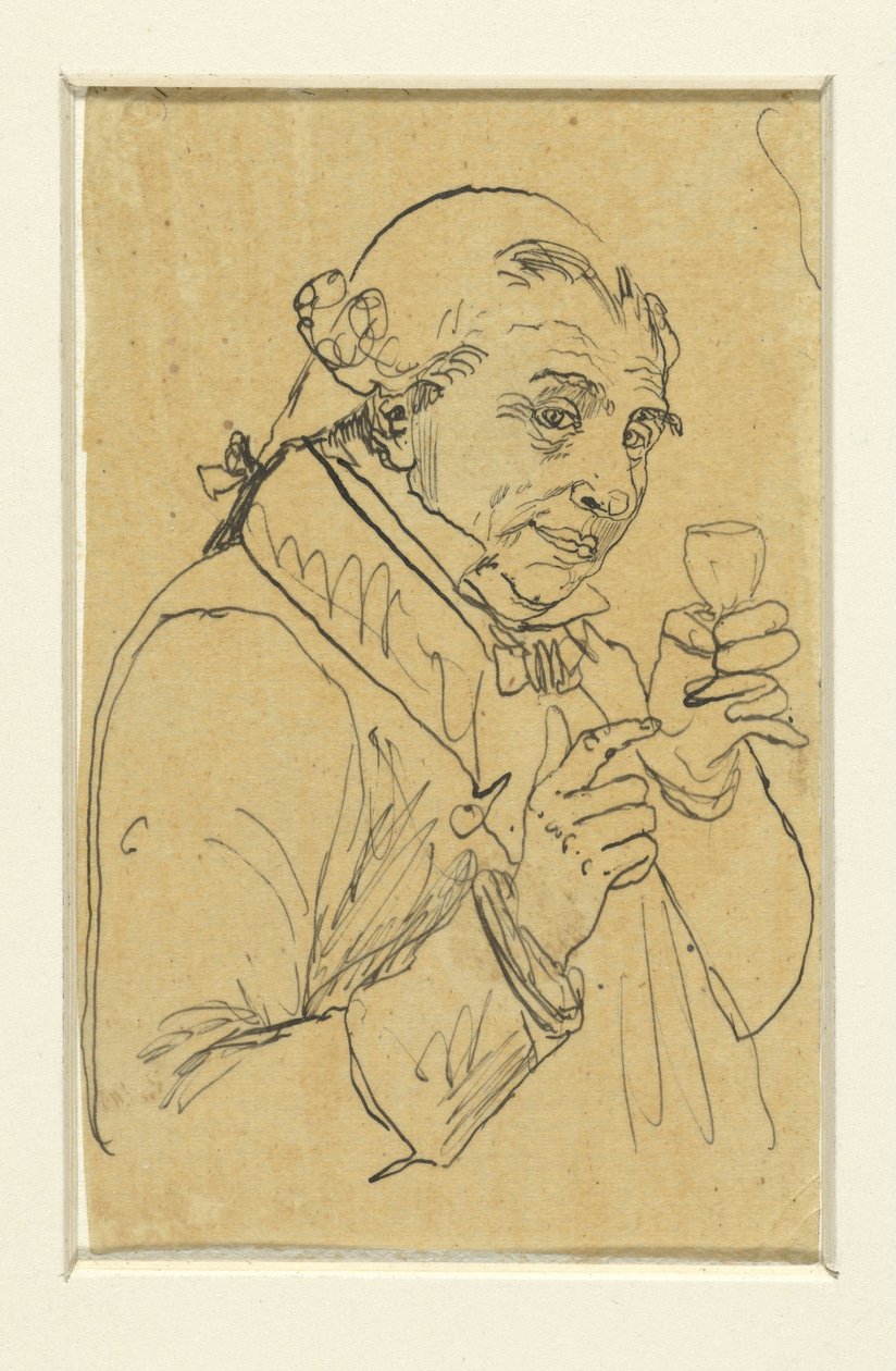 Alter Herr im 18. Jahrhundert Kostüm, in der linken Hand ein Glas Wein erhebend af Rodolphe Bresdin