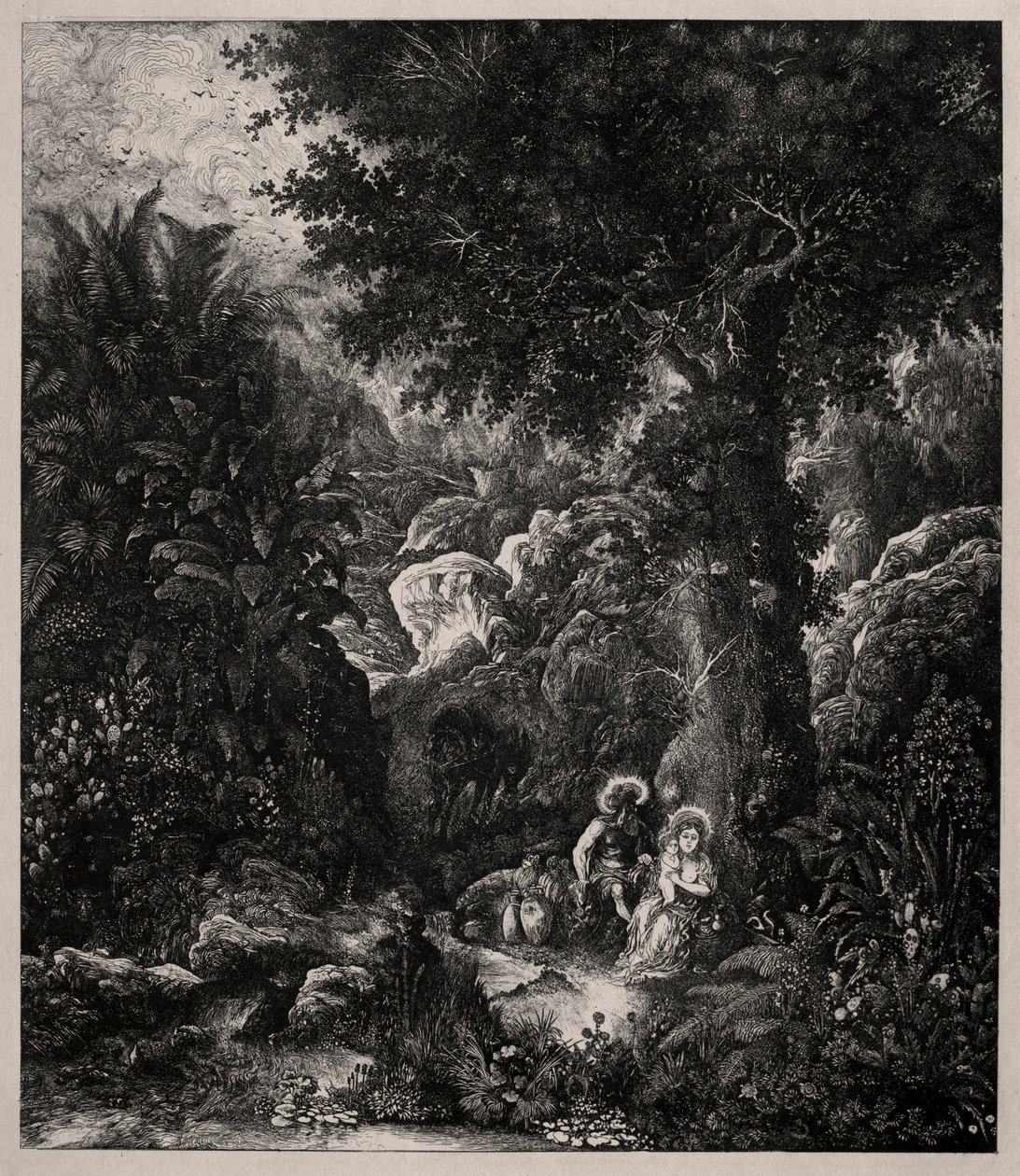 Hvil på flugten til Egypten med et sadlet æsel, 1871. af Rodolphe Bresdin