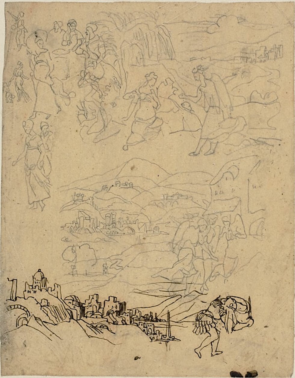 Skitser af bibelske scener, by ved sø, bjerglandsby, kriger af Rodolphe Bresdin
