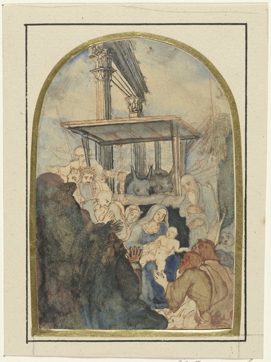 Studie for en tilbedelse af Magi, i baggrunden en ruin med to korintiske søjler af Rodolphe Bresdin