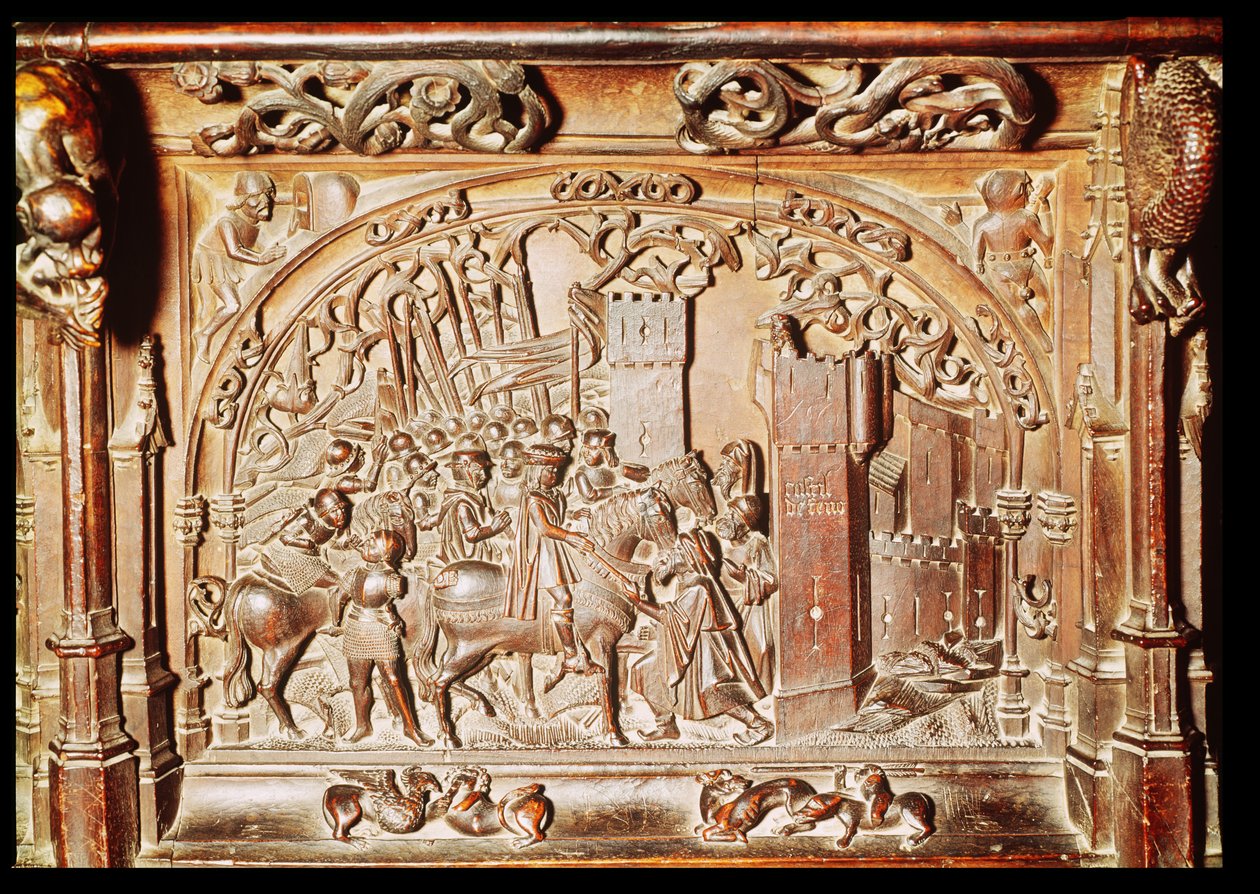 Scene fra den nederste række af korbåse, der viser erobringen af Granada, 1495 (udskåret træ) af Rodrigo Aleman