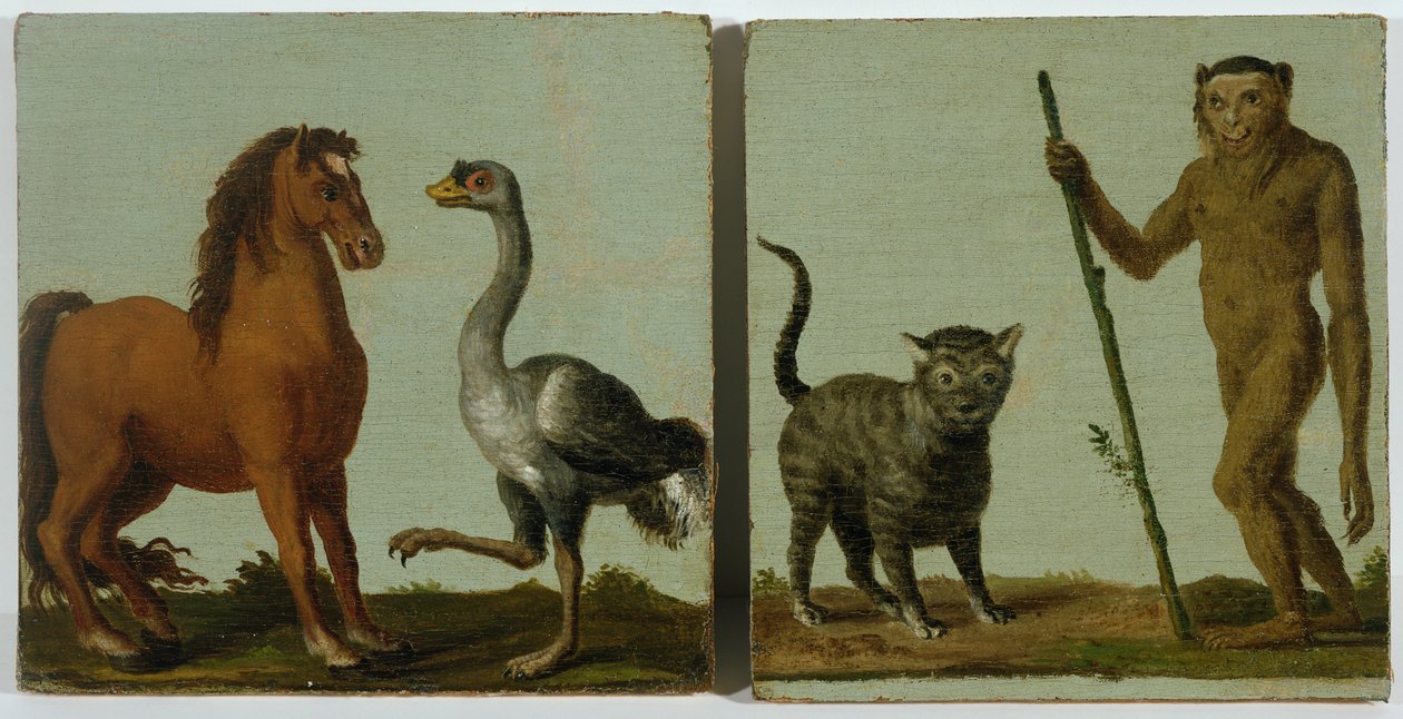 En hest og struds og en vildkat og vild mand olie på lærred lagt ombord af Roelandt Jacobsz. Savery