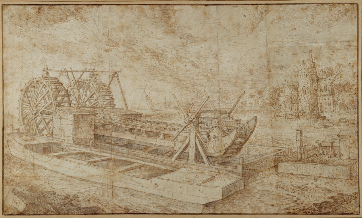 En uddybningsmaskine på en kanal (pen og blæk over vask på papir) af Roelandt Jacobsz. Savery