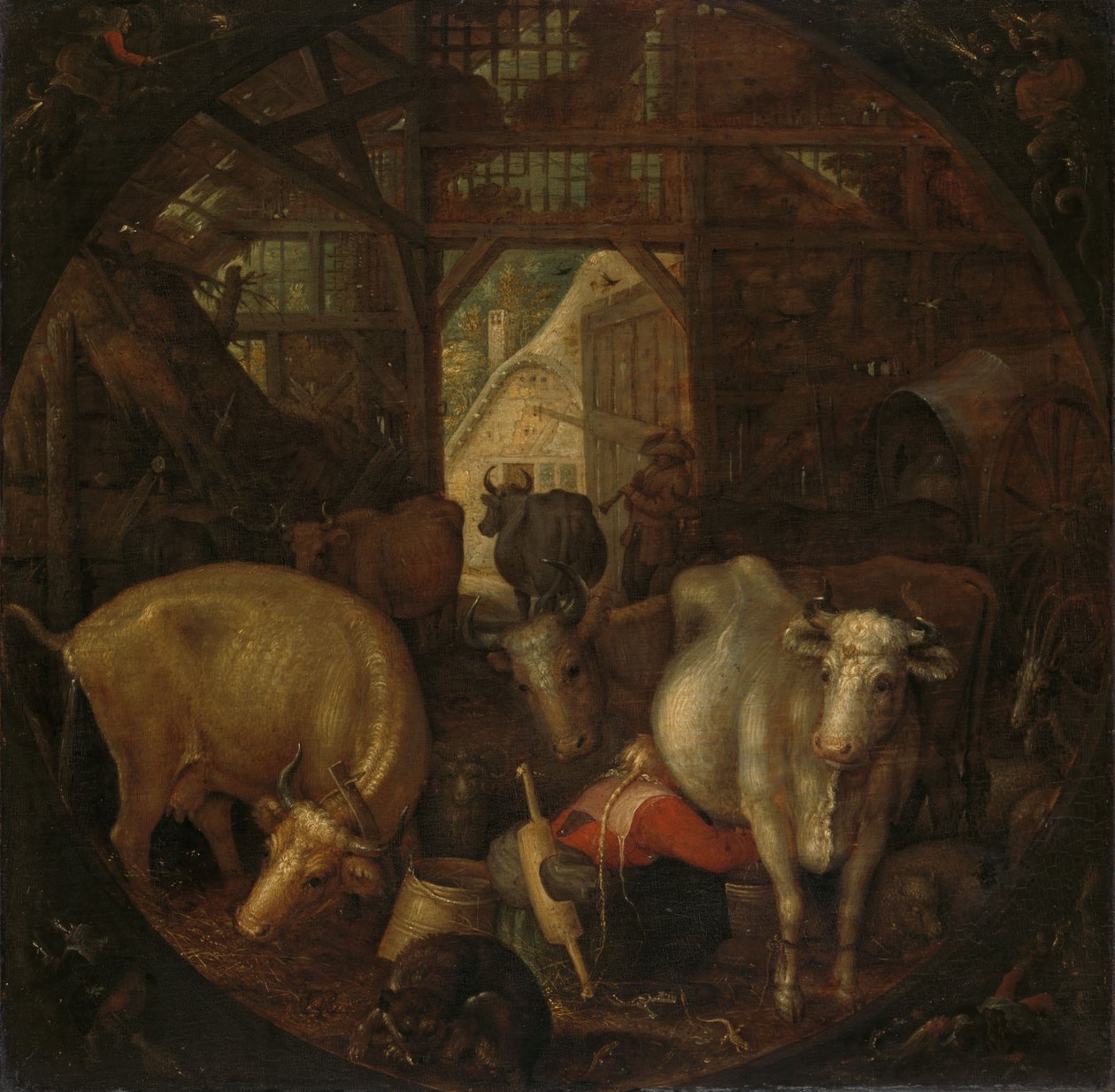 Køer i en stald; hekse i de fire hjørner af Roelandt Jacobsz. Savery