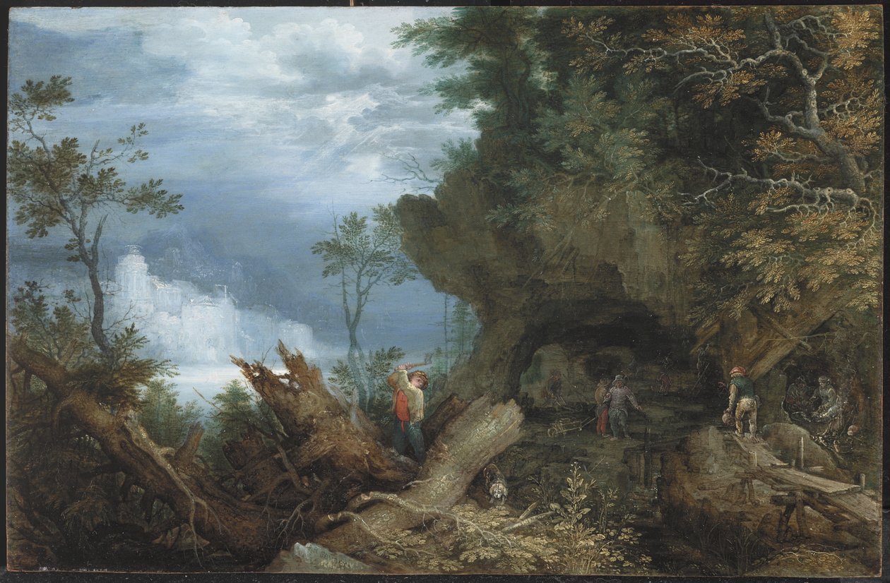 Bjerglandskab med en indgang til en mine, ca. 1612-13 (olie på bøgepanel) af Roelandt Jacobsz. Savery