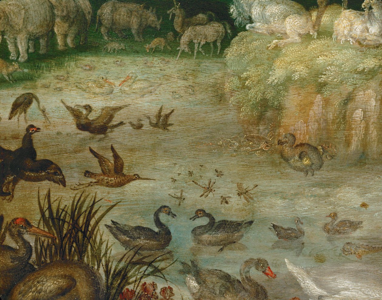 Dammen. Dyr, der drikker, ænder, der svømmer, en enhjørning i baggrunden (maleri på lærred) af Roelandt Jacobsz. Savery