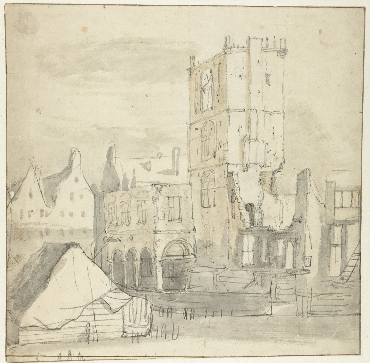 Ruinerne af det gamle rådhus, Amsterdam, efter branden i 1652 af Roelant Roghman (attributed to)