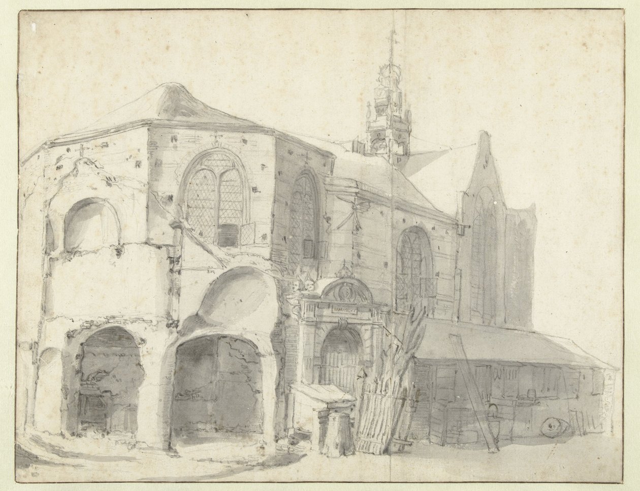 Udsigt over Jeruzalemkapel og Sint Olofskapel, Amsterdam af Roelant Roghman (attributed to)
