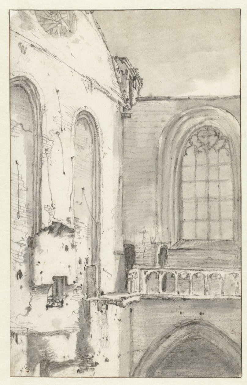 Udsigt over tværskibet af Nieuwe Kerk, Amsterdam, efter branden i 1645 af Roelant Roghman (attributed to)