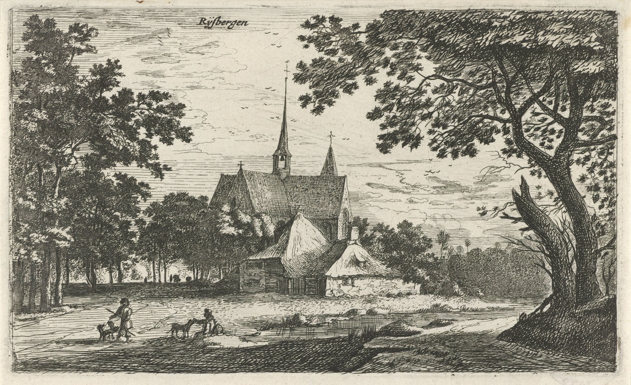Udsigt over kirken St. Willibrord i Klein-Zundert Rysbergen (titel på objekt) Landsbyscener i det nordlige Holland (serietitel) af Roelant Roghman