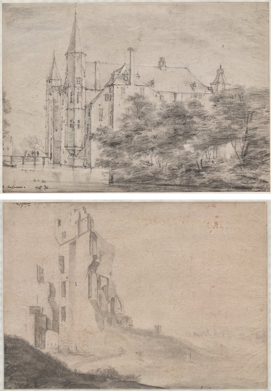 Zuylen Castle nær Utrecht (recto)/Ruin af huset Ter Kleef nær Haarlem (verso) af Roelant Roghman