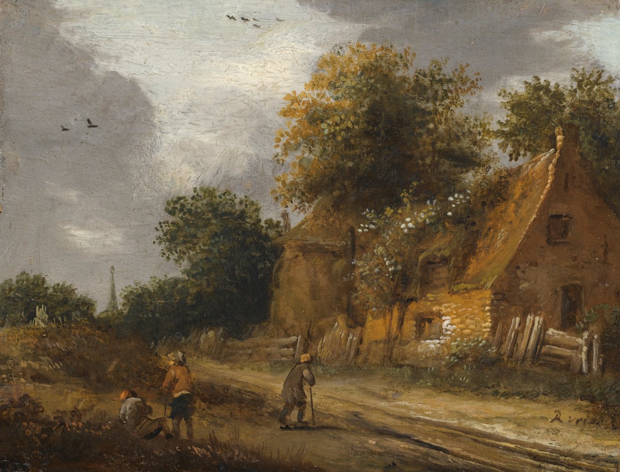 Tre figurer passerer langs en vej foran et sommerhus af Roelof Jansz van Vries