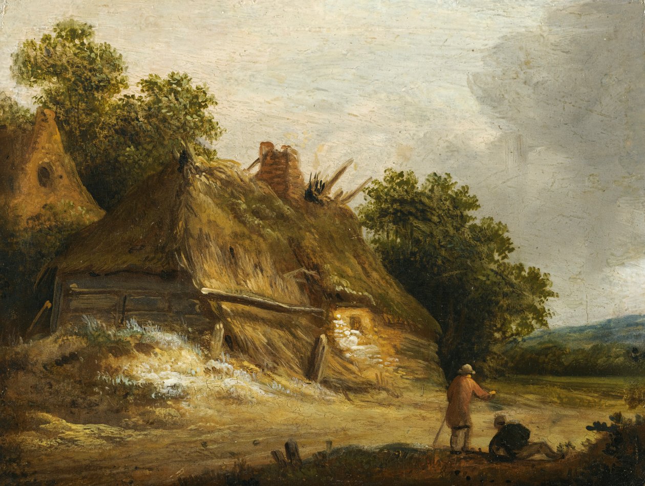 To figurer passerer langs vejen foran et sommerhus af Roelof Jansz van Vries