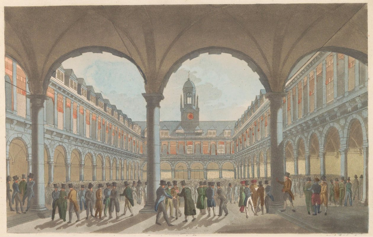 Børs i Amsterdam, ca. 1825 The Beurs in Amsterdam / La Bourse à Amsterdam (titel på objekt) af Roelof van der Meulen