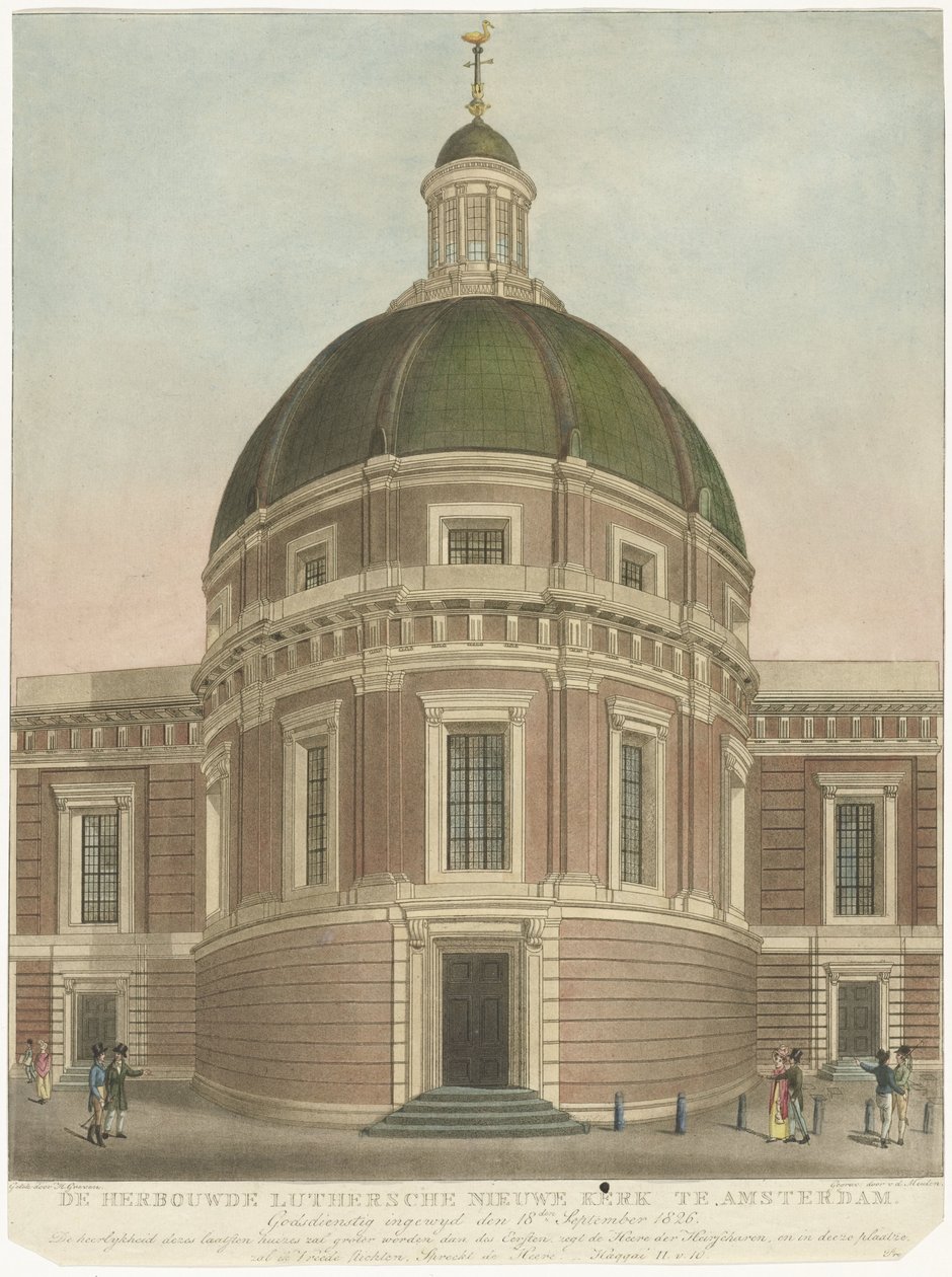 Genopbygget ny luthersk kirke i Amsterdam Den genopbyggede Lutersche Nieuwe Kerk i Amsterdam (titel på objekt) af Roelof van der Meulen