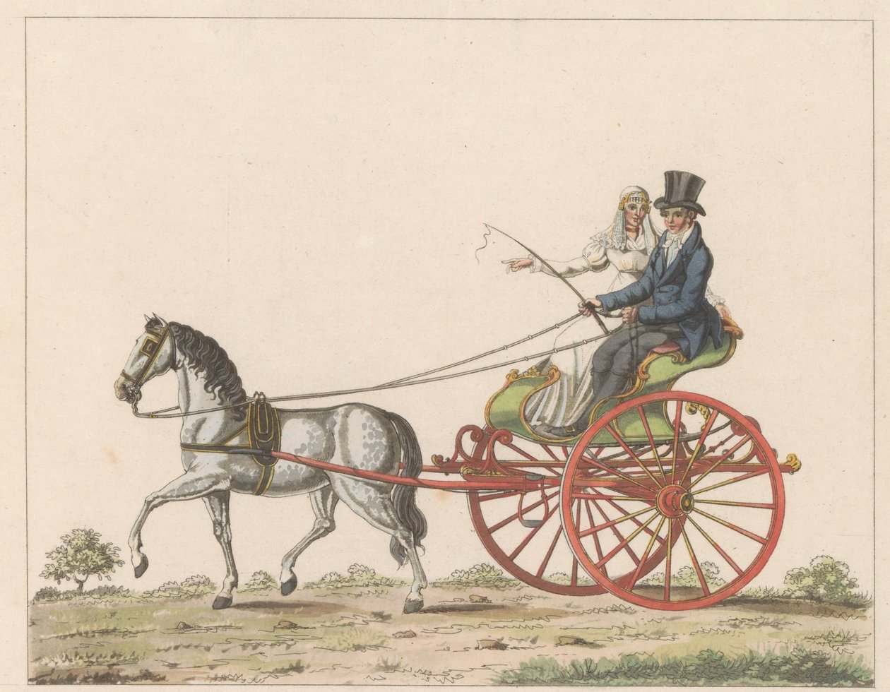 Hollandse sjees, ca. 1825 Een Hollandsche chais / En kørestol i brug i Holland og kendt som chais eller chees (titel på objekt) af Roelof van der Meulen