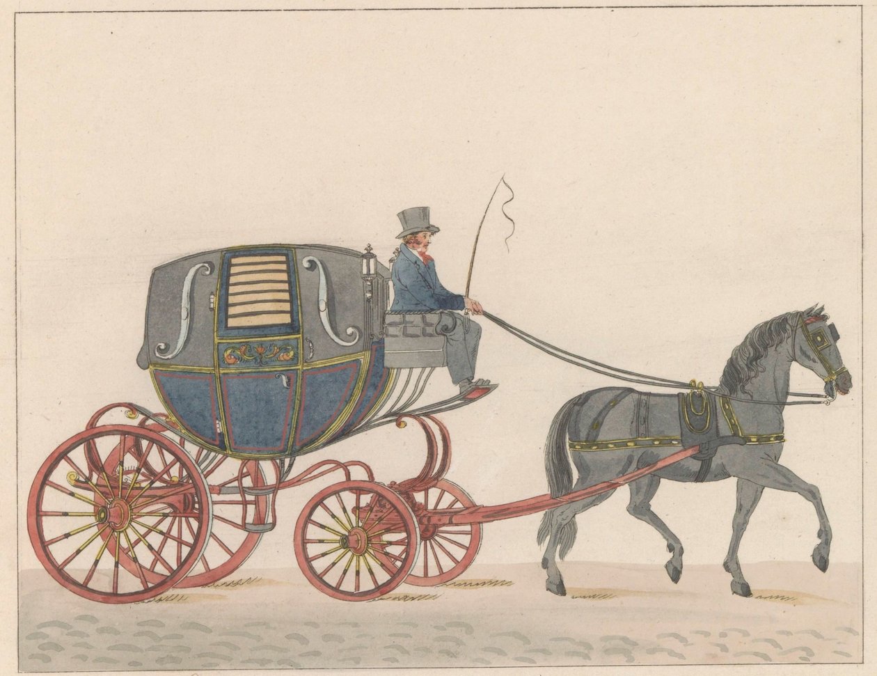 Hestevogn i Amsterdam, ca. 1825 En Amsterdamsche Huurkoetsje eller knallert / Un Fiacre de Louage en usage à Amsterdam A ij connu sous la nom de Brommertje (titel på objektet) af Roelof van der Meulen