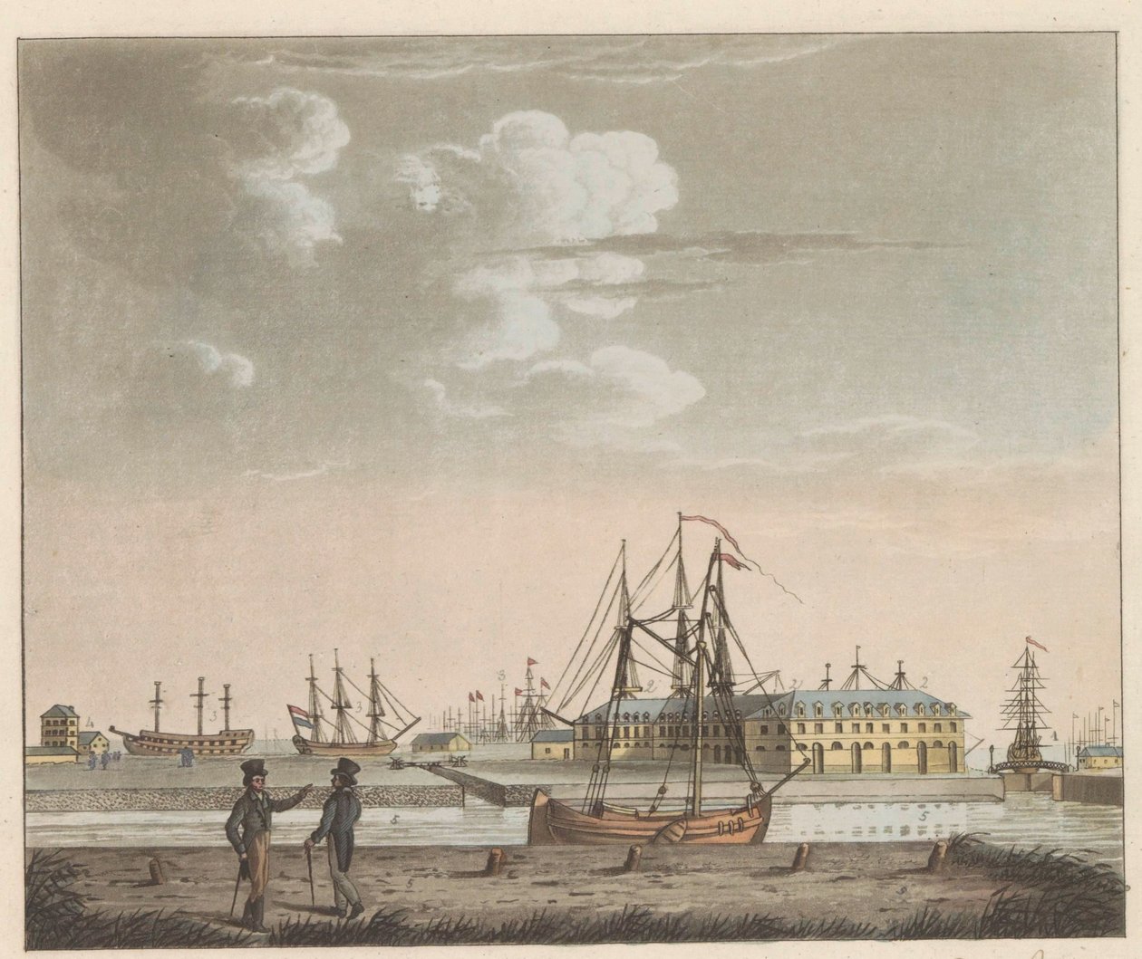 Rijkswerf Willemsoord, ca. 1825 Udsigt over Willemsoord på det klare - ved Nieuwendiep og indgangen til den store Noord-Hollandsch-kanal / Vue de Willemsoord au clear prês du Nieuwendiep, et L