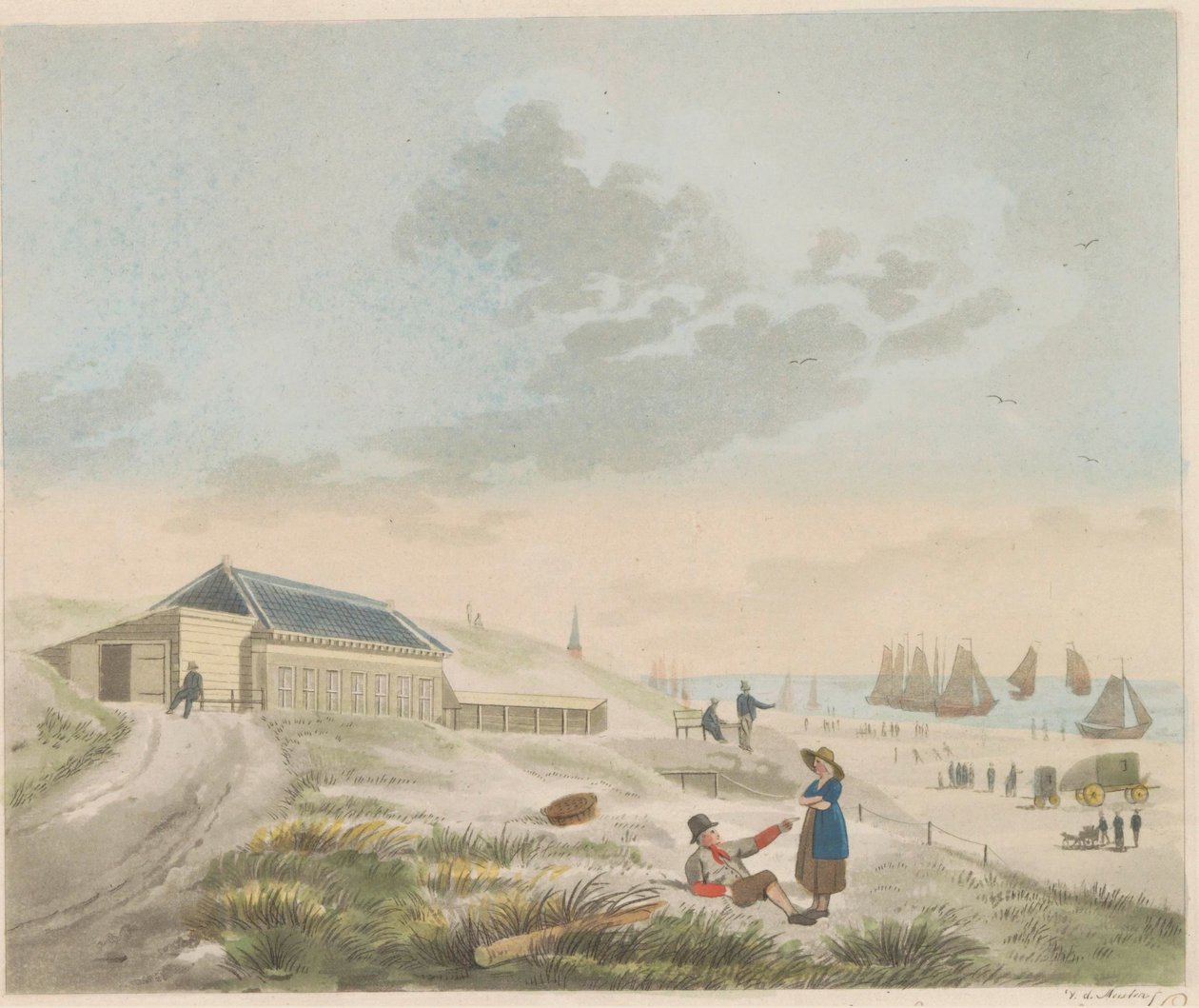 Strand ved Scheveningen, ca. 1825 Udsigt over stranden og klitterne ved Scheveningen og præsentation af hr. Pronks badehus / Vue du rivage et des dunes a Scheveninge et representation des Bains appartement à mons.r Pronk (titel på objektet) af Roelof van der Meulen