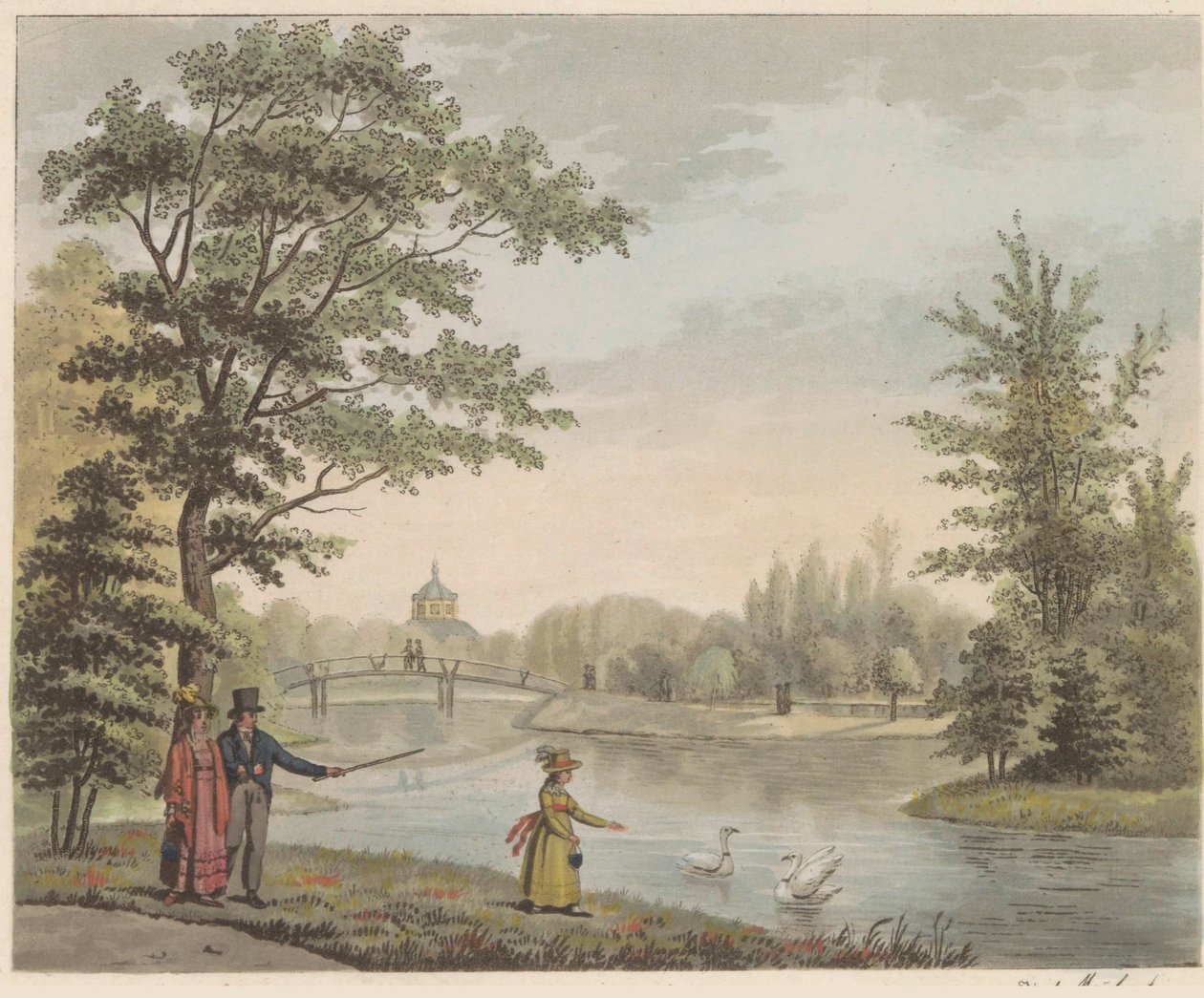 Have ved Huis ten Bosch, ca. 1825 Udsigt på den schweiziske bro og Vijver, nær huset i Bosch i s
