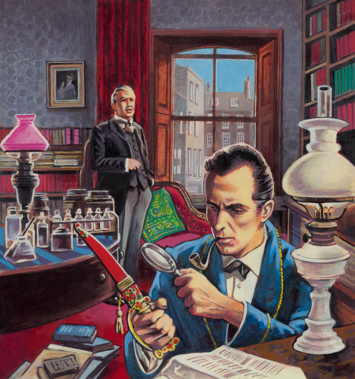 Sherlock Holmes i sit arbejdsværelse (gouache på papir) af Roger (after) Payne