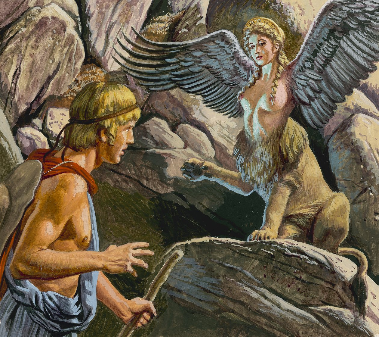 Oedipus møder sfinksen (gouache på papir) af Roger Payne