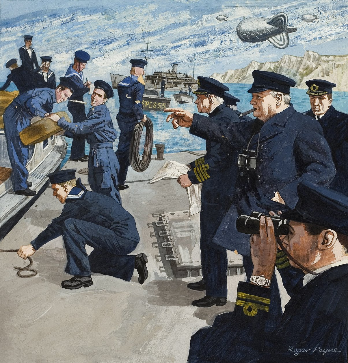 Winston Churchill (1874-1965) i flådescene (gouache på papir) af Roger Payne