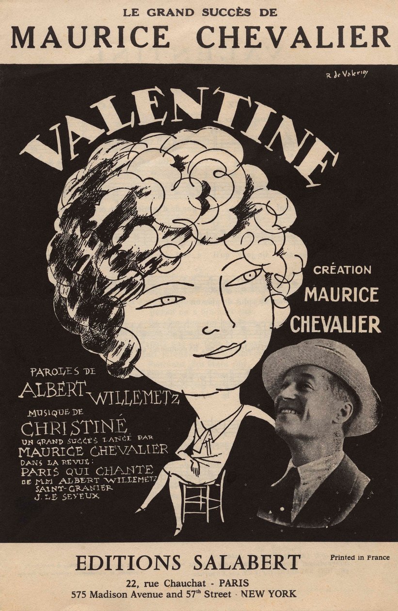 Forsiden af partituret til Maurice Chevaliers store succes "Valentine" tekst af Albert Willemetz musik af Christine editions Salabert, ca. 1925 (tryk) af Roger de Valerio