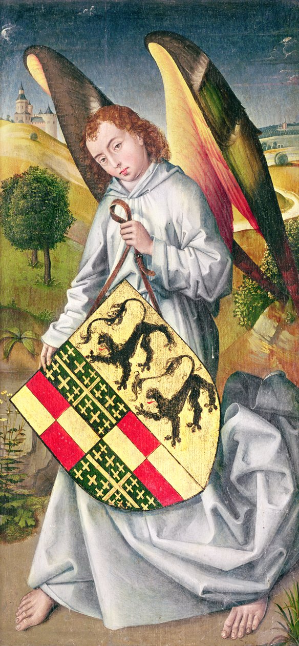 Engel holder et skjold med de Chaugy- og Montagu-familiernes heraldiske våben med de to leoparder fra de Jaucourt-familien, 1460-66 af Rogier van der Weyden