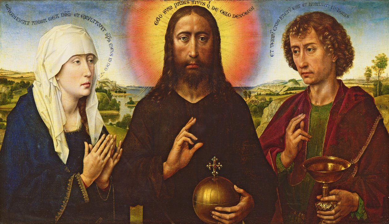 Kristus Forløseren med Jomfruen og St. Johannes Evangelisten, midterpanel fra Braque-familiens Triptykon af Rogier van der Weyden