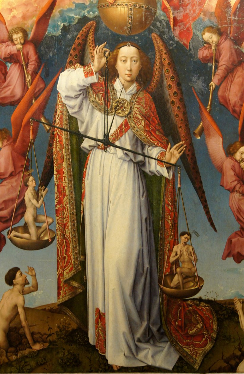 Nærbillede af ærkeenglen Saint Michael, der vejer sjæle, altertavle i den sidste dom af Rogier van der Weyden
