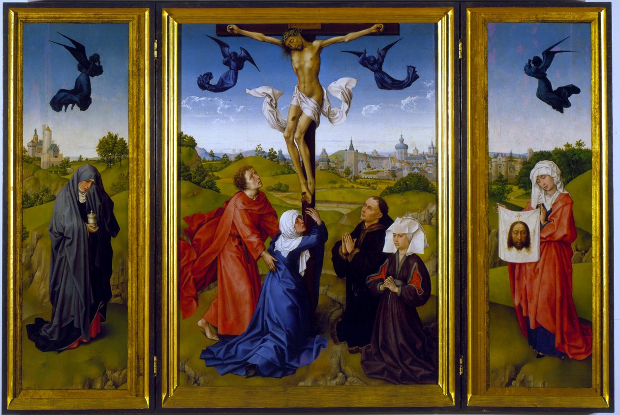 Korsfæstelsestriptykon med St. Mary Magdalene, St. Veronica og ukendte lånere, ca. 1440-45 af Rogier van der Weyden