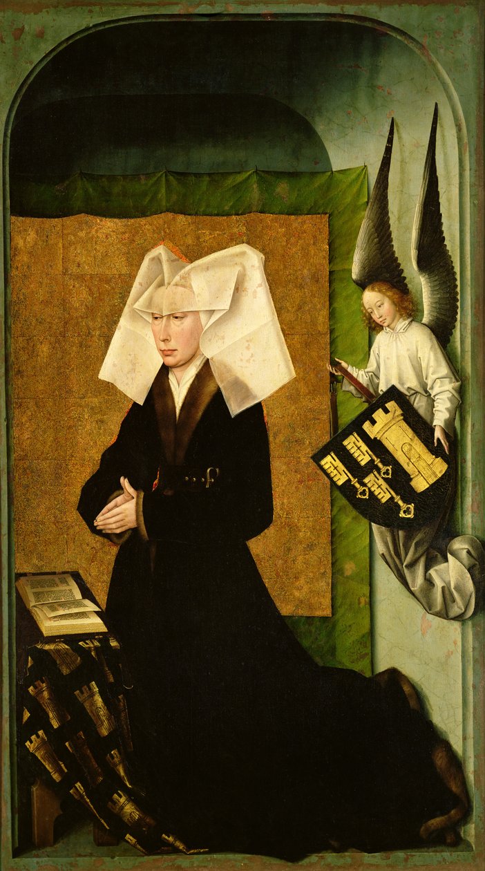 Guigone de Salins, donorens hustru, kansler Nicholas Rolin, knælende i bøn, fra bagsiden af den sidste doms polyptykon, ca. 1445-50 (se 20546, 170074 og 170078) af Rogier van der Weyden