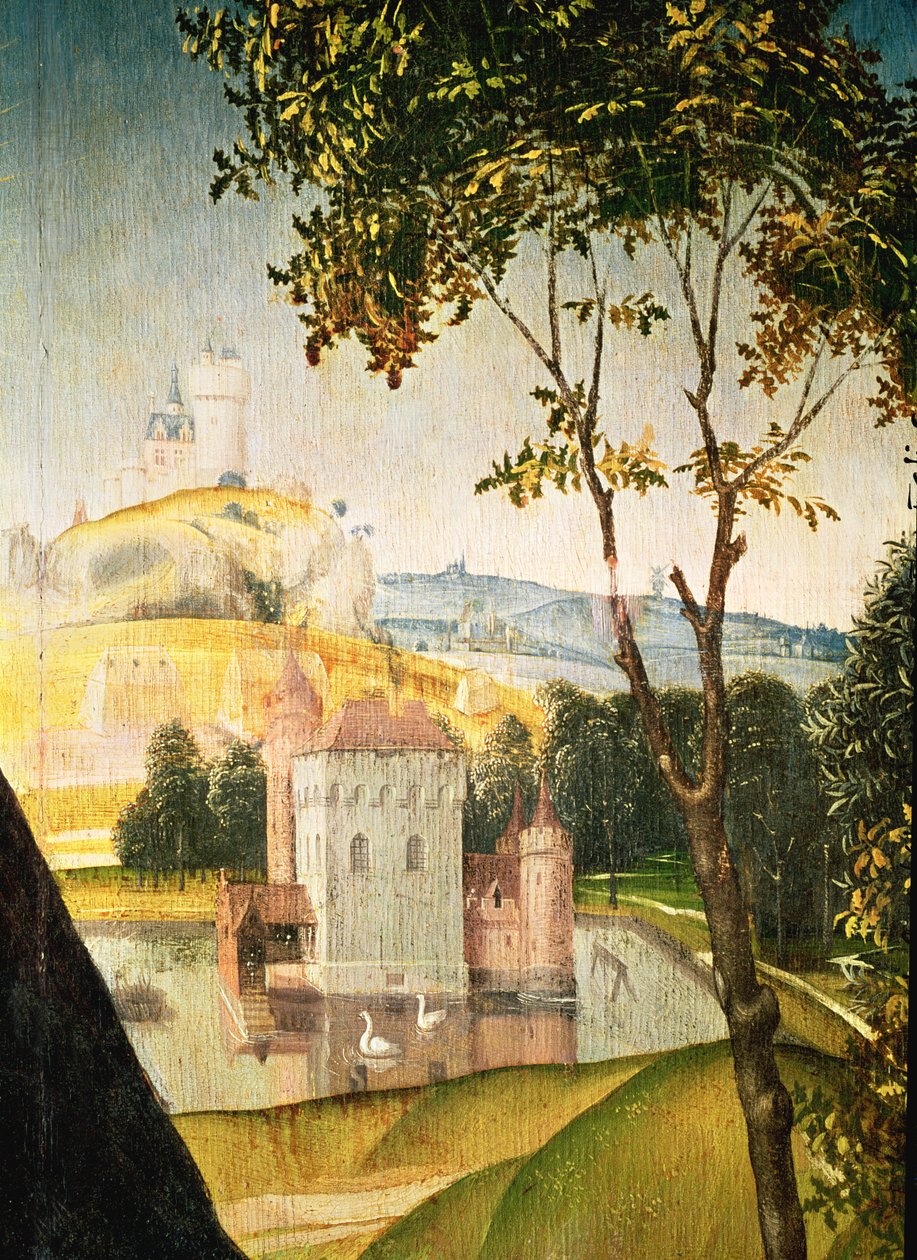 Landskab med slot i en voldgrav og to svaner, 1460-66 (detalje af 344036) af Rogier van der Weyden