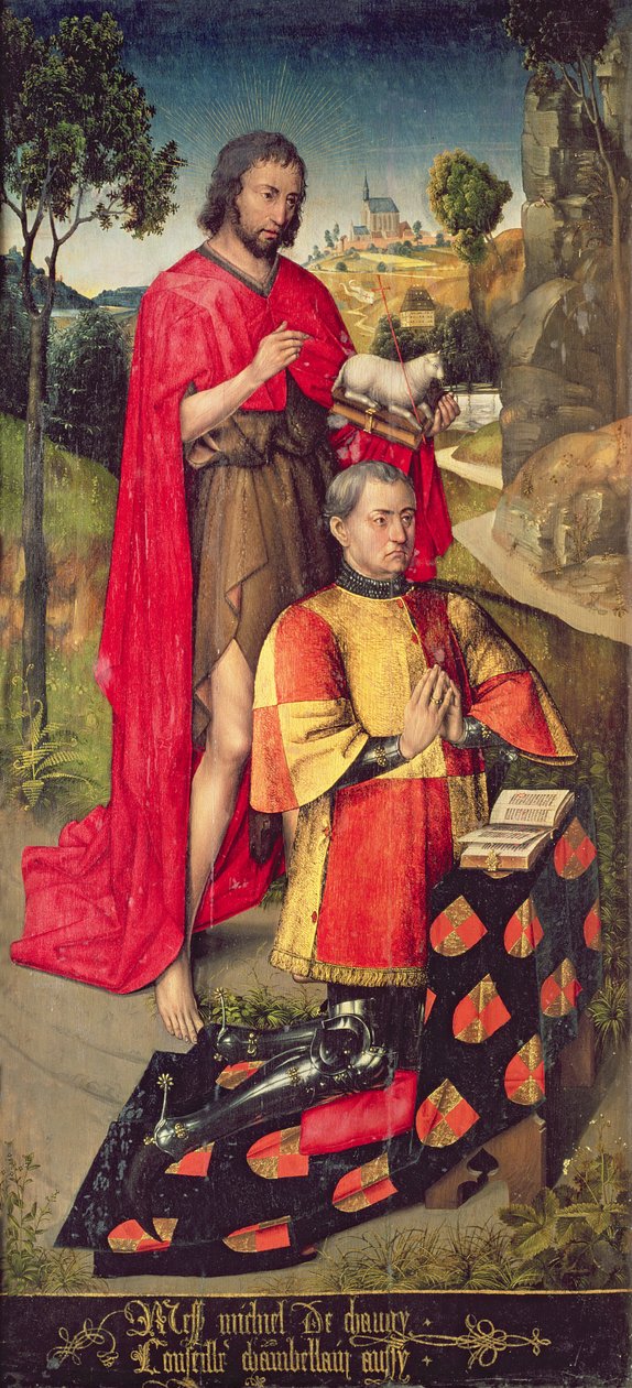 Venstre panel, fra hovedalterpolyptikonen, forestillende Jean de Chaugy, fader til giveren af altertavlen, 1460-66 af Rogier van der Weyden