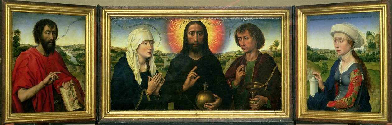 The Braque Family Triptykon: (LtoR) Sankt Johannes Døberen, Kristus Forløseren mellem Jomfruen og Sankt Johannes Evangelisten, Sankt Maria Magdalena (for detaljer se 15987) af Rogier van der Weyden