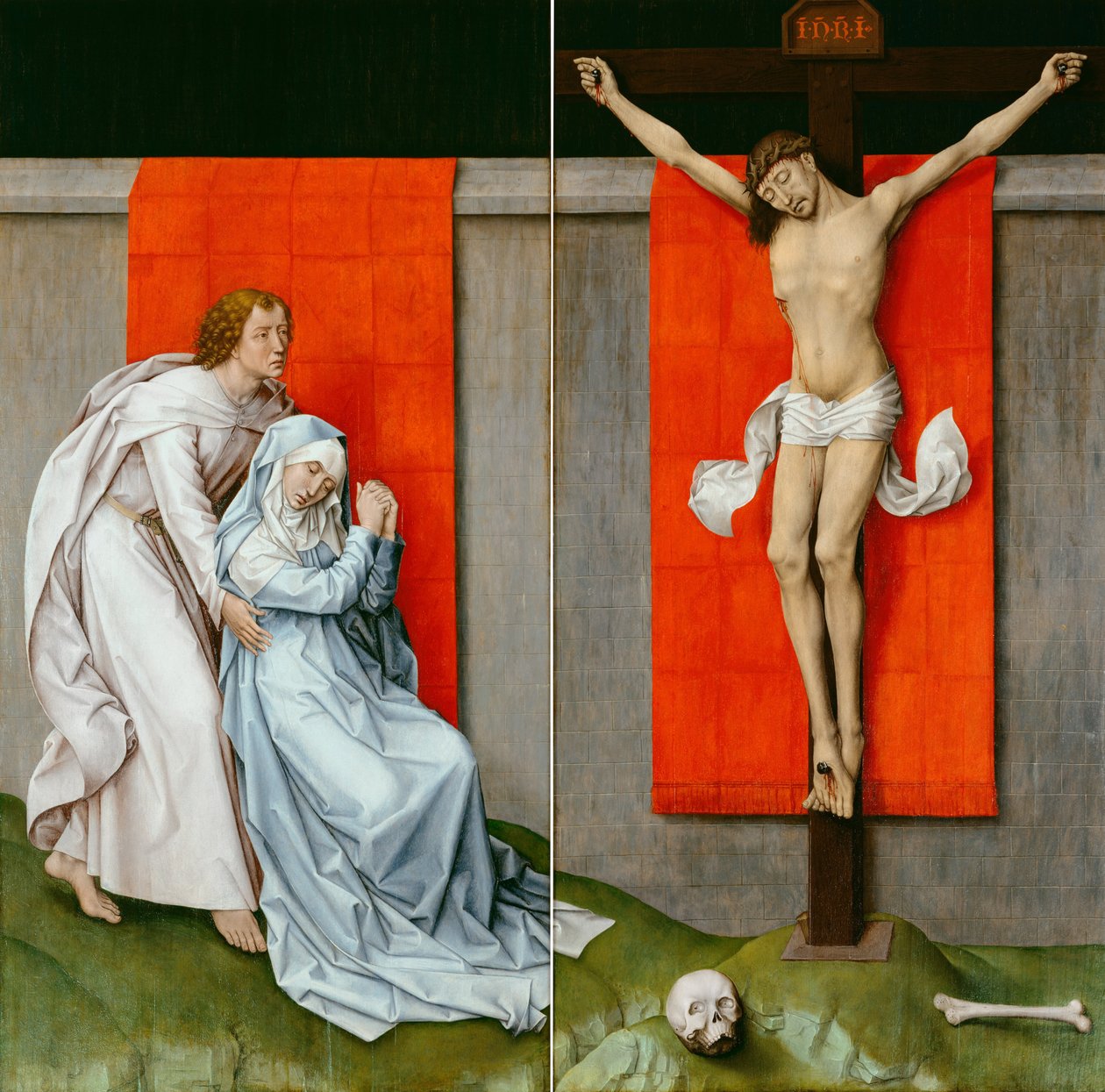 Korsfæstelsen, med jomfruen og den hellige Johannes Evangelistens sorg af Rogier van der Weyden