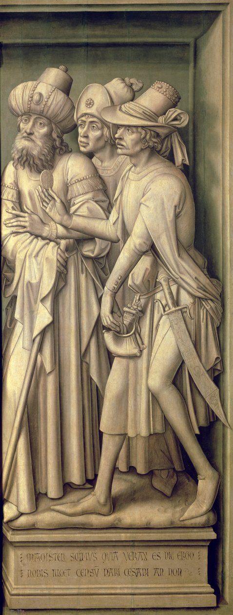 Tre farisæere med Cæsars mønt, fra forløsningstriptykonen af Rogier van der Weyden