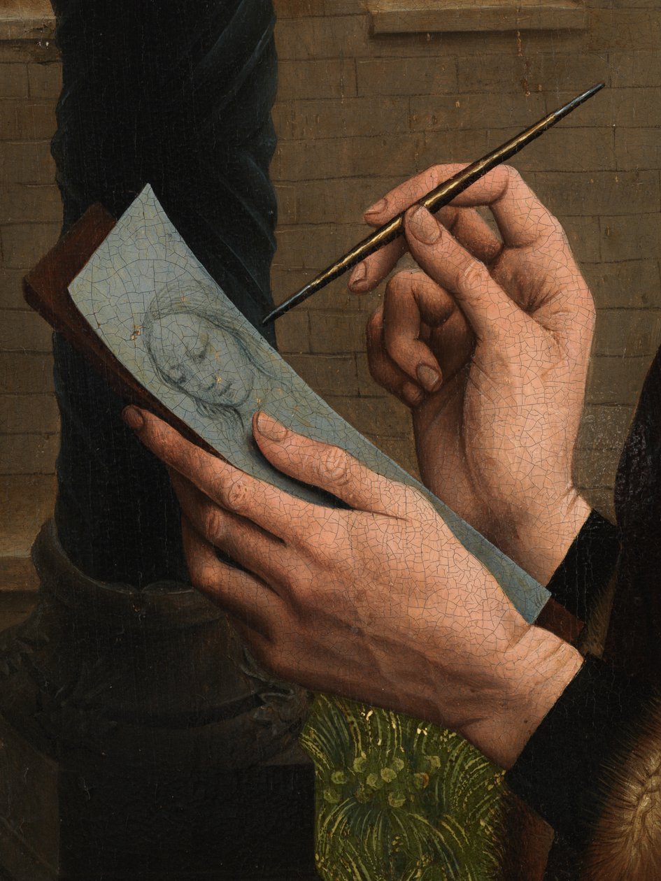 Detalje af Sankt Lukas tegner jomfruens portræt (olie på panel) af Rogier van der (after) Weyden