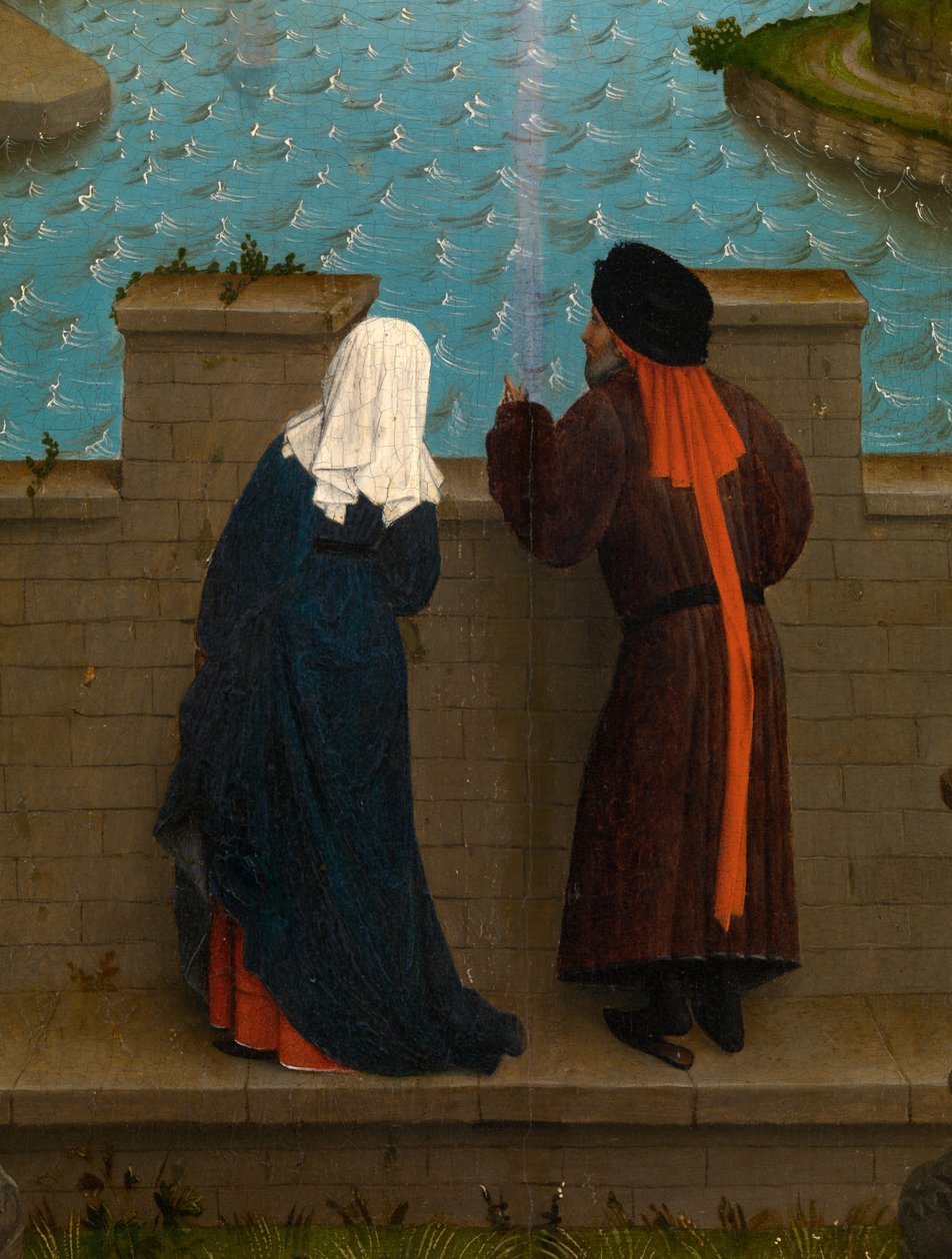 Detalje af Sankt Lukas tegner jomfruens portræt (olie på panel) af Rogier van der (after) Weyden