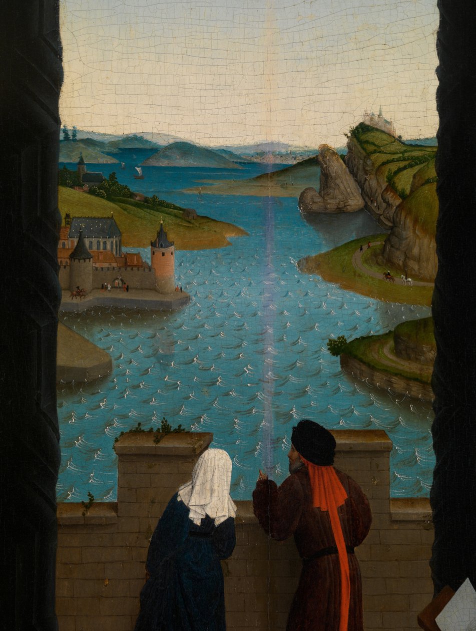Detalje af Sankt Lukas tegner jomfruens portræt (olie på panel) af Rogier van der (after) Weyden