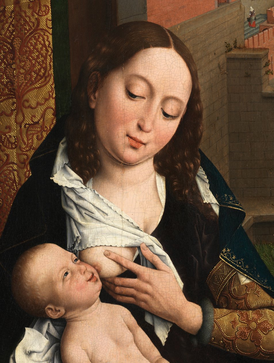 Detalje af Sankt Lukas tegner jomfruens portræt (olie på panel) af Rogier van der (after) Weyden