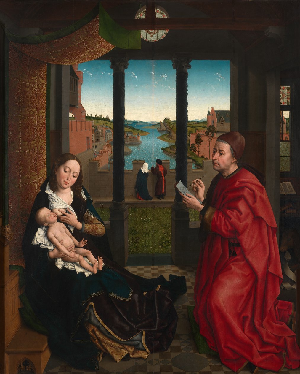 Sankt Lukas tegner jomfruens portræt (olie på panel) af Rogier van der (after) Weyden