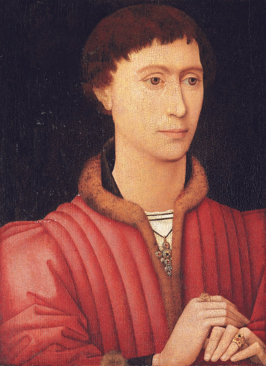 Portræt af en ung mand, brystlængde, i en pelsklippet rød dublet, ca. 1450-60 (olie på panel) af Rogier van der (circle of) Weyden