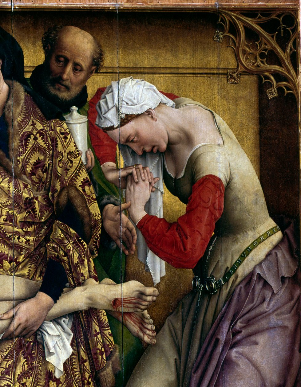 Afsætning eller nedstigning af korset. Detalje af Sainte Marie Madeleine. Rogier Altertavle (Roger) Van Der Weyden (1400-1464) 1435 Dim. 2,20 x 0,35 m Madrid, Musee du Prado - Aflejringen eller nedstigningen fra korset. Detalje af Sankt Maria Magdalena. Al af Rogier van der Weyden